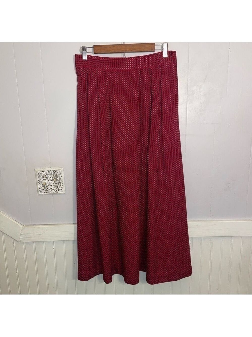 Vintage 90s Bechamel Red Geometric Rayon Midi Skirt High Waist Button Detail Cot - Picture 2 of 11